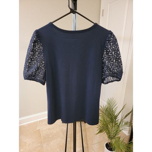 Ann Taylor Factory Navy Blue Lace Puff Sleeve Shirt - Picture 3 of 4